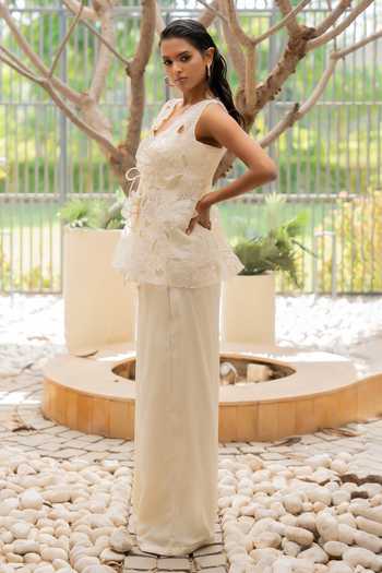 Chambray & Co. Ivory Linen, Chanderi , Organza Cut Ivy Cutwork Overlay And Pant Set at Aza Fashions Chambray & Co._Ivory Linen, Chanderi , Organza Cut Ivy Cutwork Overlay And Pant Set _at_Aza_Fashions