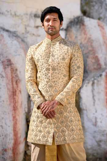 Tira by Naresh Raj_Gold Silk, Tissue Zari Heavy Embroidered Sherwani With Dhoti Pant _Online_at_Aza_Fashions
