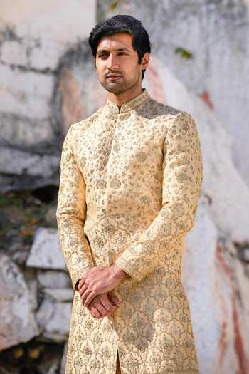 Buy_Tira by Naresh Raj_Gold Silk, Tissue Zari Heavy Embroidered Sherwani With Dhoti Pant _Online_at_Aza_Fashions