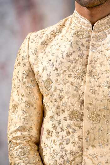 Buy_Tira by Naresh Raj_Gold Silk, Tissue Zari Heavy Embroidered Sherwani With Dhoti Pant 