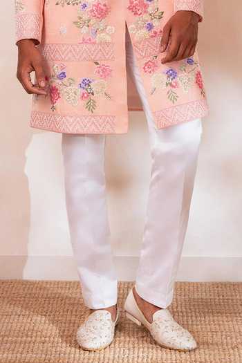 Buy_Tira by Naresh Raj_Peach Cotton Satin Botanical Floral Embroidered Sherwani With Pant _Online_at_Aza_Fashions