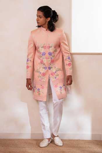 Shop_Tira by Naresh Raj_Peach Cotton Satin Botanical Floral Embroidered Sherwani With Pant _Online_at_Aza_Fashions