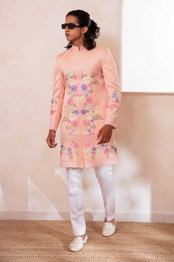 Tira by Naresh Raj_Peach Cotton Satin Botanical Floral Embroidered Sherwani With Pant _at_Aza_Fashions
