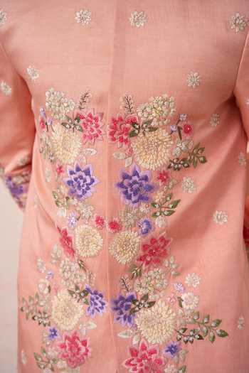 Buy_Tira by Naresh Raj_Peach Cotton Satin Botanical Floral Embroidered Sherwani With Pant 