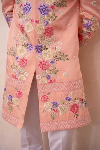 Shop_Tira by Naresh Raj_Peach Cotton Satin Botanical Floral Embroidered Sherwani With Pant 