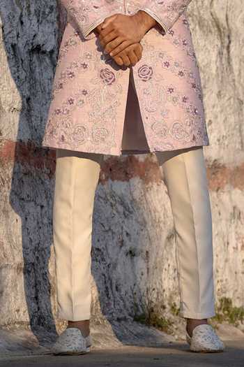 Tira by Naresh Raj Purple Silk, Cotton Satin Cross Lines Embroidered Sherwani With Pant Online at Aza Fashions Tira by Naresh Raj_Purple Silk, Cotton Satin Cross Lines Embroidered Sherwani With Pant _Online_at_Aza_Fashions