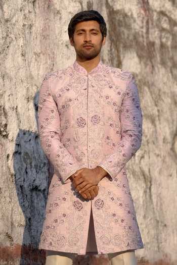 Buy Tira by Naresh Raj Purple Silk, Cotton Satin Cross Lines Embroidered Sherwani With Pant Online at Aza Fashions Buy_Tira by Naresh Raj_Purple Silk, Cotton Satin Cross Lines Embroidered Sherwani With Pant _Online_at_Aza_Fashions