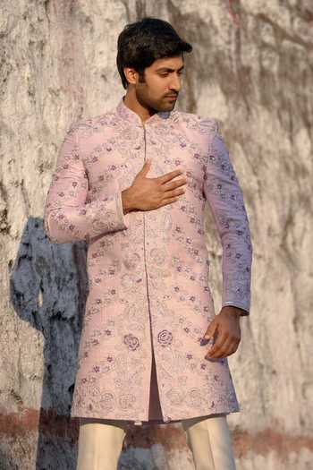 Shop Tira by Naresh Raj Purple Silk, Cotton Satin Cross Lines Embroidered Sherwani With Pant Online at Aza Fashions Shop_Tira by Naresh Raj_Purple Silk, Cotton Satin Cross Lines Embroidered Sherwani With Pant _Online_at_Aza_Fashions