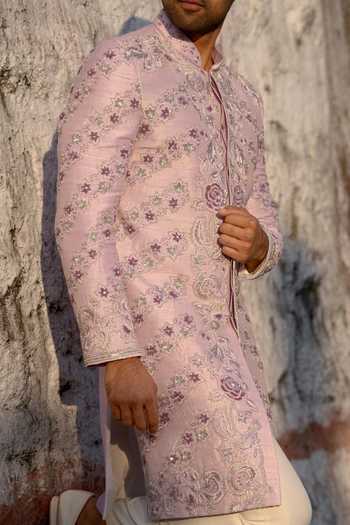 Tira by Naresh Raj Purple Silk, Cotton Satin Cross Lines Embroidered Sherwani With Pant at Aza Fashions Tira by Naresh Raj_Purple Silk, Cotton Satin Cross Lines Embroidered Sherwani With Pant _at_Aza_Fashions