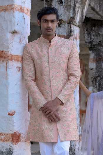 Tira by Naresh Raj_Peach Silk, Cotton Satin Hexagon Floral Embroidered Sherwani Set _Online_at_Aza_Fashions