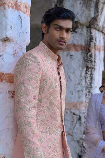 Buy_Tira by Naresh Raj_Peach Silk, Cotton Satin Hexagon Floral Embroidered Sherwani Set _Online_at_Aza_Fashions