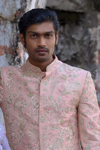 Shop_Tira by Naresh Raj_Peach Silk, Cotton Satin Hexagon Floral Embroidered Sherwani Set _Online_at_Aza_Fashions