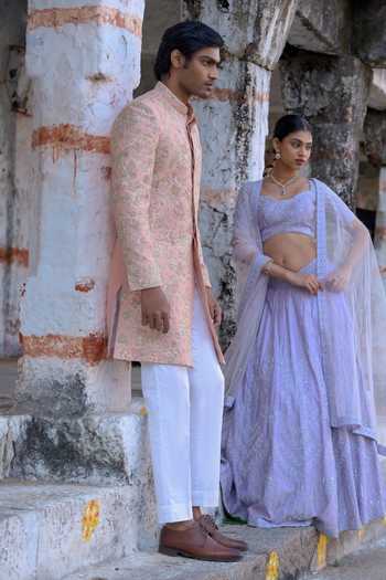 Tira by Naresh Raj_Peach Silk, Cotton Satin Hexagon Floral Embroidered Sherwani Set _at_Aza_Fashions