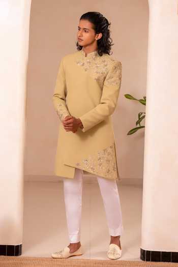 Tira by Naresh Raj_Olive Green Cotton Satin Overlap Asymmetric Sherwani Set _Online_at_Aza_Fashions