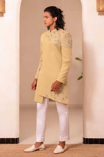 Buy_Tira by Naresh Raj_Olive Green Cotton Satin Overlap Asymmetric Sherwani Set _Online_at_Aza_Fashions