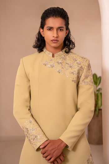 Shop_Tira by Naresh Raj_Olive Green Cotton Satin Overlap Asymmetric Sherwani Set _Online_at_Aza_Fashions