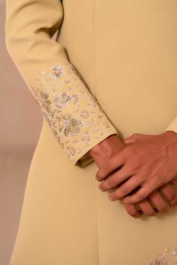 Tira by Naresh Raj_Olive Green Cotton Satin Overlap Asymmetric Sherwani Set _at_Aza_Fashions