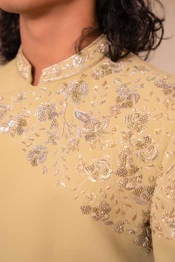 Buy_Tira by Naresh Raj_Olive Green Cotton Satin Overlap Asymmetric Sherwani Set 