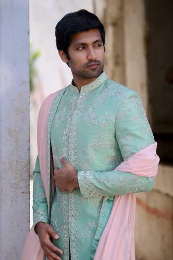 Tira by Naresh Raj_Green Silk, Cotton, Lycra Mirror Embroidered Sherwani Set With Dupatta _Online_at_Aza_Fashions