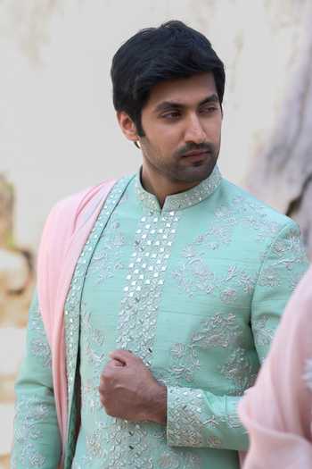 Buy_Tira by Naresh Raj_Green Silk, Cotton, Lycra Mirror Embroidered Sherwani Set With Dupatta _Online_at_Aza_Fashions