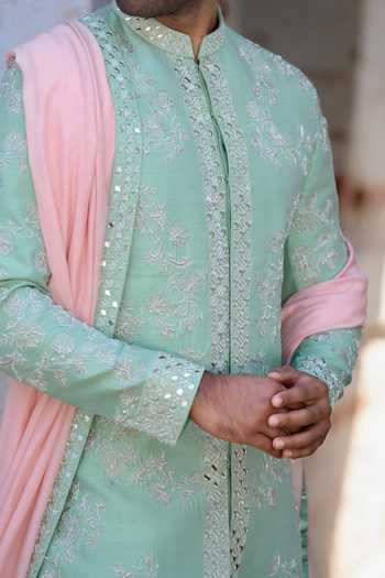 Shop_Tira by Naresh Raj_Green Silk, Cotton, Lycra Mirror Embroidered Sherwani Set With Dupatta _Online_at_Aza_Fashions