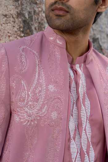 Tira by Naresh Raj_Pink Organza, Crepe, Cotton Satin Paisley Embroidered Open Jacket And Kurta Set _Online_at_Aza_Fashions
