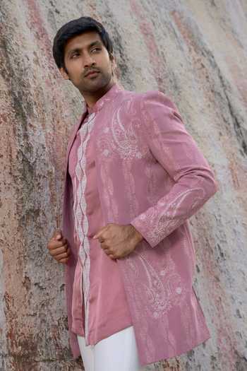 Buy_Tira by Naresh Raj_Pink Organza, Crepe, Cotton Satin Paisley Embroidered Open Jacket And Kurta Set _Online_at_Aza_Fashions