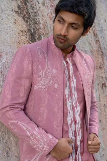 Shop_Tira by Naresh Raj_Pink Organza, Crepe, Cotton Satin Paisley Embroidered Open Jacket And Kurta Set _Online_at_Aza_Fashions