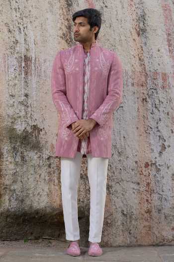 Tira by Naresh Raj_Pink Organza, Crepe, Cotton Satin Paisley Embroidered Open Jacket And Kurta Set _at_Aza_Fashions