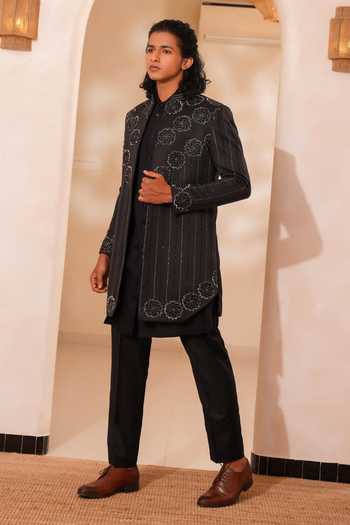 Buy_Tira by Naresh Raj_Black Cotton, Wool Embroidered Open Jacket And Kurta Set _Online_at_Aza_Fashions