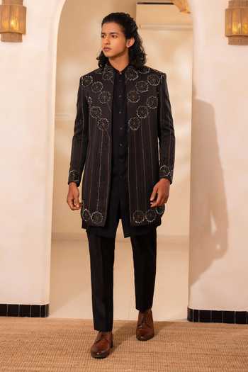 Shop_Tira by Naresh Raj_Black Cotton, Wool Embroidered Open Jacket And Kurta Set _Online_at_Aza_Fashions