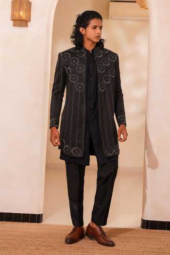 Tira by Naresh Raj_Black Cotton, Wool Embroidered Open Jacket And Kurta Set _at_Aza_Fashions