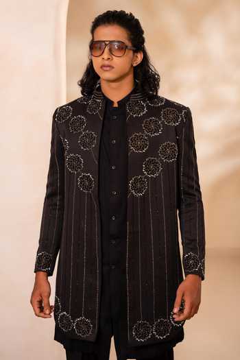 Shop_Tira by Naresh Raj_Black Cotton, Wool Embroidered Open Jacket And Kurta Set 
