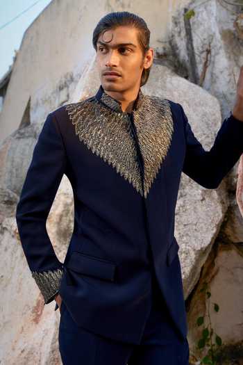 Buy_Tira by Naresh Raj_Blue Zari, Metallic Thread Wing Embroidered Bandhgala With Pant _Online_at_Aza_Fashions