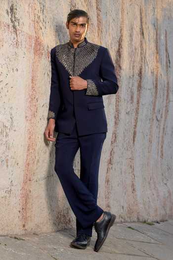 Shop_Tira by Naresh Raj_Blue Zari, Metallic Thread Wing Embroidered Bandhgala With Pant _Online_at_Aza_Fashions