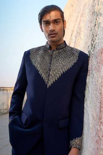 Tira by Naresh Raj_Blue Zari, Metallic Thread Wing Embroidered Bandhgala With Pant _at_Aza_Fashions