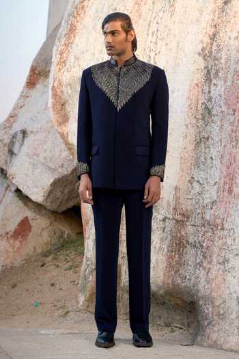 Shop_Tira by Naresh Raj_Blue Zari, Metallic Thread Wing Embroidered Bandhgala With Pant 