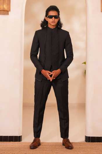 Tira by Naresh Raj_Black Wool, Terrycloth Cross Pintucks Bandhgala And Pant Set _Online_at_Aza_Fashions