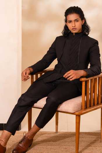 Buy_Tira by Naresh Raj_Black Wool, Terrycloth Cross Pintucks Bandhgala And Pant Set _Online_at_Aza_Fashions