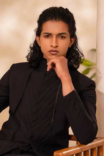 Shop_Tira by Naresh Raj_Black Wool, Terrycloth Cross Pintucks Bandhgala And Pant Set _Online_at_Aza_Fashions