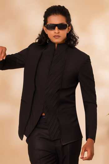 Tira by Naresh Raj_Black Wool, Terrycloth Cross Pintucks Bandhgala And Pant Set _at_Aza_Fashions
