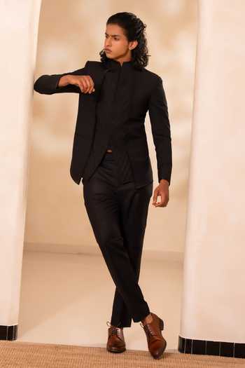 Shop_Tira by Naresh Raj_Black Wool, Terrycloth Cross Pintucks Bandhgala And Pant Set 