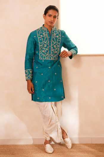 Tira by Naresh Raj_Green Silk, Cotton Embroidery Kurta With Dhoti Pant _Online_at_Aza_Fashions