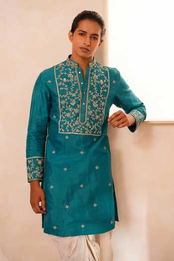 Buy_Tira by Naresh Raj_Green Silk, Cotton Embroidery Kurta With Dhoti Pant _Online_at_Aza_Fashions