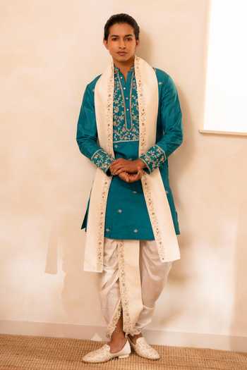 Tira by Naresh Raj_Green Silk, Cotton Embroidery Kurta With Dhoti Pant _at_Aza_Fashions
