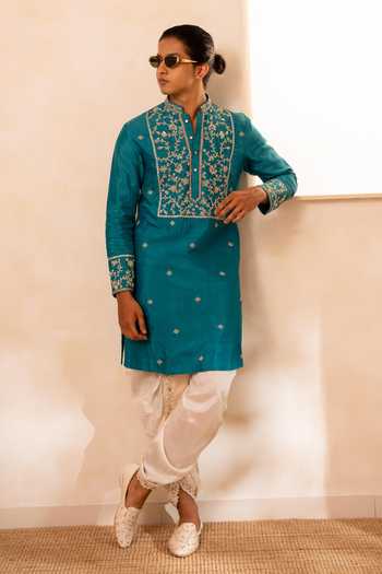 Buy_Tira by Naresh Raj_Green Silk, Cotton Embroidery Kurta With Dhoti Pant 