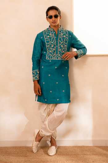 Shop_Tira by Naresh Raj_Green Silk, Cotton Embroidery Kurta With Dhoti Pant 