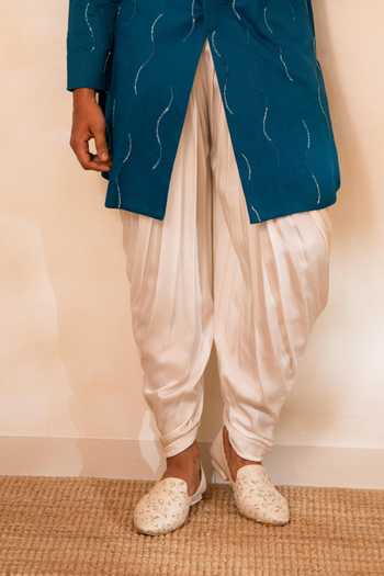 Tira by Naresh Raj_Blue Silk, Cotton, Modal, Satin Abstract Line Embroidered Kurta And Cowl Pant Set _Online_at_Aza_Fashions