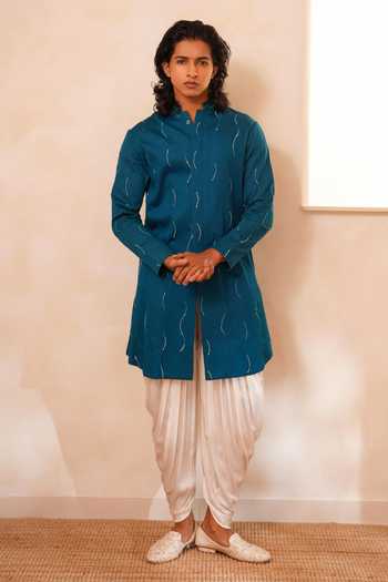 Buy_Tira by Naresh Raj_Blue Silk, Cotton, Modal, Satin Abstract Line Embroidered Kurta And Cowl Pant Set _Online_at_Aza_Fashions