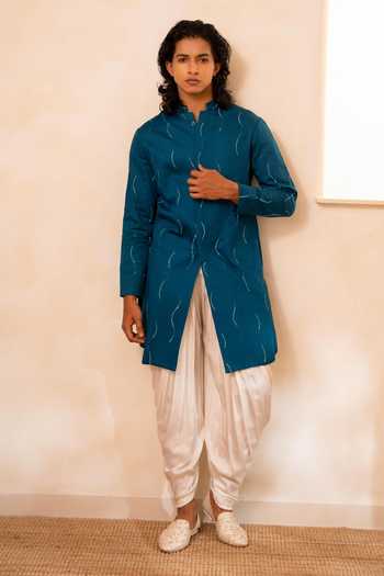 Shop_Tira by Naresh Raj_Blue Silk, Cotton, Modal, Satin Abstract Line Embroidered Kurta And Cowl Pant Set _Online_at_Aza_Fashions